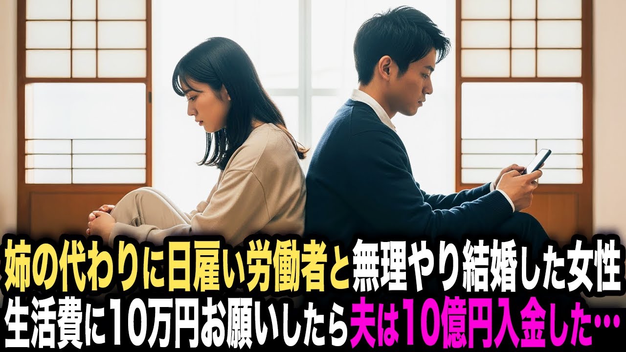 姉の代わりに日雇い労働者と無理やり結婚した女性。翌日、半ば投げやりに「生活費に10万円だけ…」とお願いしたら、夫は10億円を振り込んだ…