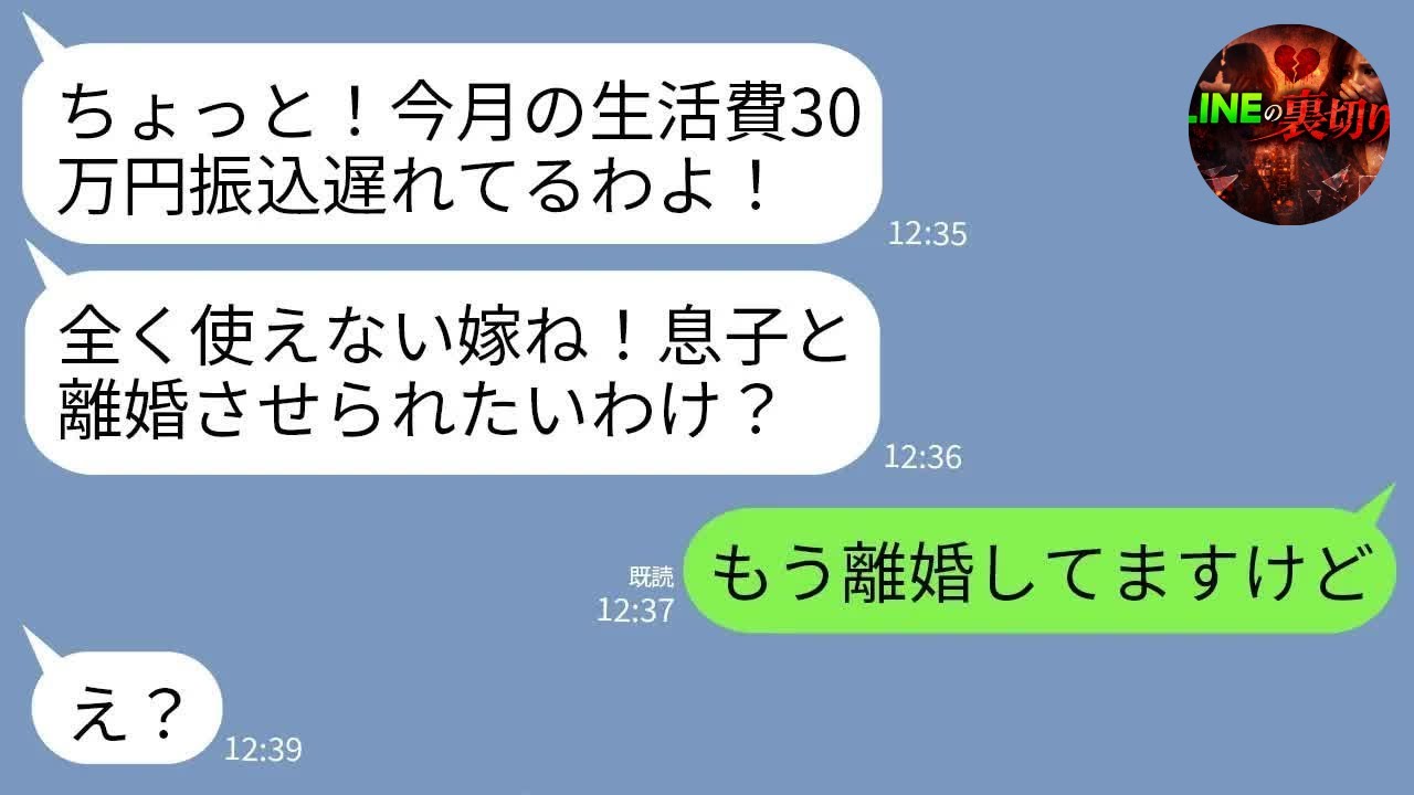 【LINE】義母から突然怒りの連絡「今月の生活費30万円振込遅れてるわよ！息子と離婚させるわよ！」私「もう離婚してますけど」→真実を知った義母が真っ青にwww