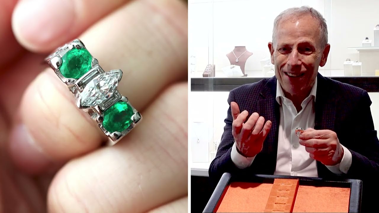 1.60ct Emerald and 2.63ct Diamond, Platinum Dress Ring - Vintage French Import Circa 1950 - C8040