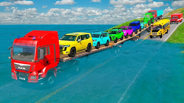 Triple Flatbed Trailer McQueen Transportation with Truck - Speedbumps vs Cars vs Train - BeamNG #242