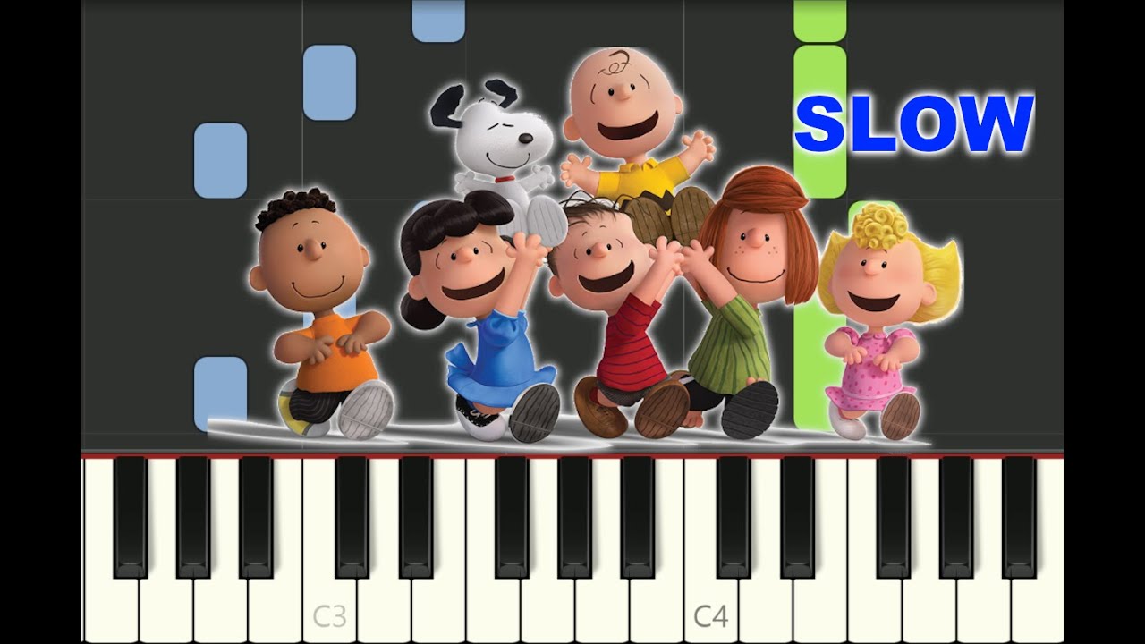 SLOW piano tutorial "CHARLIE BROWN THEME" from PEANUTS, 1965, with free