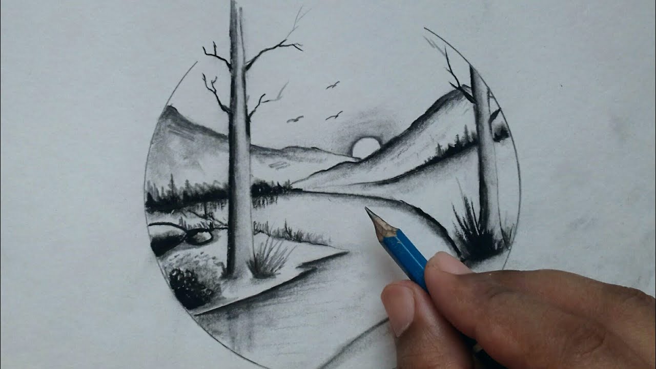 Beautiful landscape scenery drawing with pencil  Pencil drawing nature    YouTube