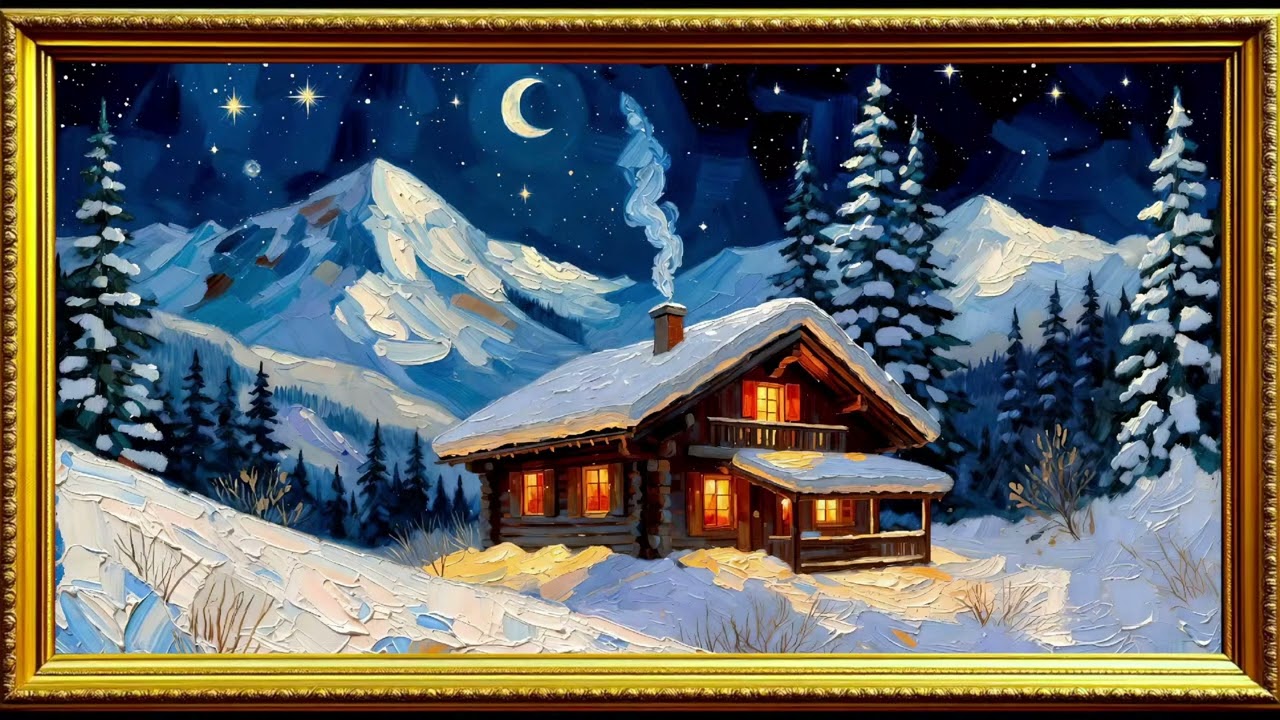 Cabaña en la Nieve: Noche de Invierno Relajante ❄️ Frame TV Art | Oil Painting