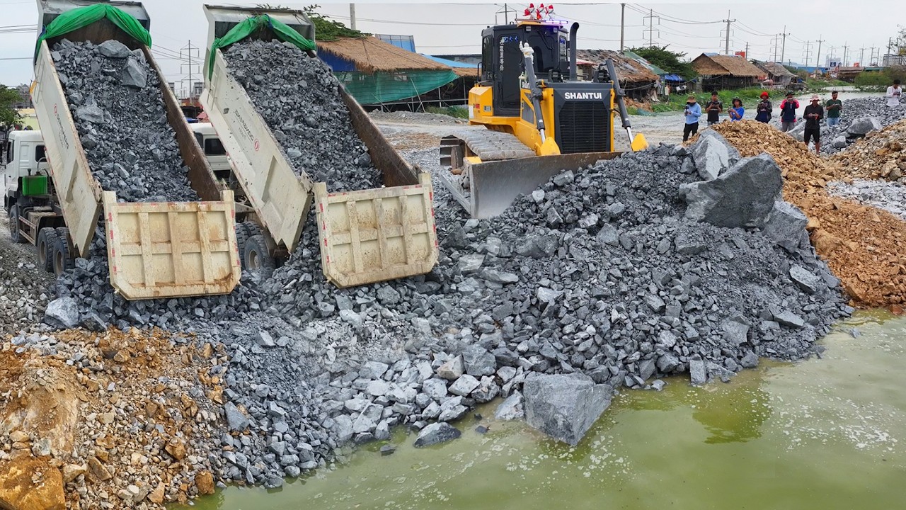 Fantastic Project!!Bulldozer SHANTUI C3 Push Stone And DumpTruck10Wheel Unloading Stone Filling Lake
