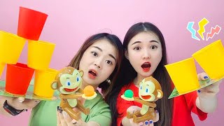 Monkey Toss Coconut Challenge! Who Is Lucky To Reach The Top Of Pyramid First | Funny Playshop