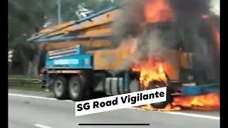 14jul2021 bke concrete pump truck on fire at the expressway road shoulder