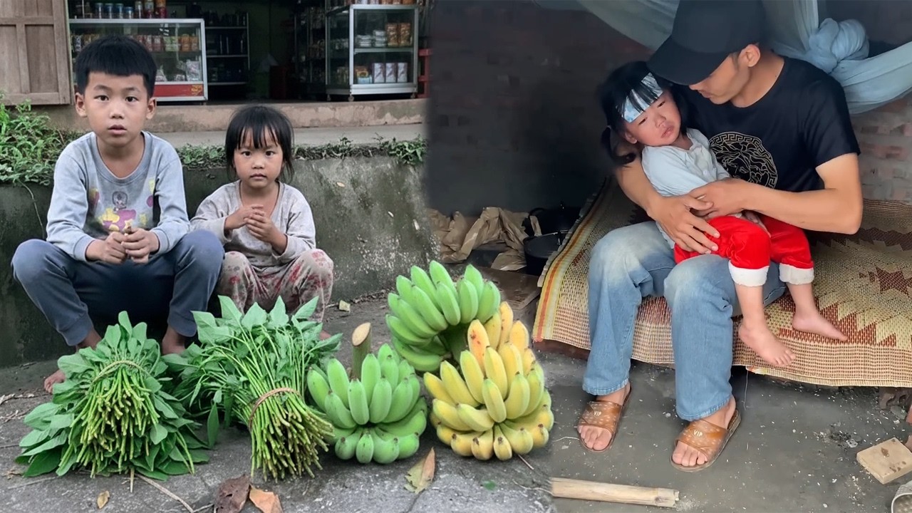 Two Orphaned Children. The Little Girl Was Sick, Uncle Took Care, Harvesting Bananas To Sell.
