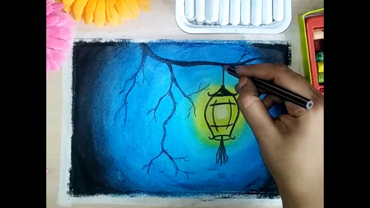 Oil Pastel Drawing How to draw Hanging Lamp on Tree YouTube