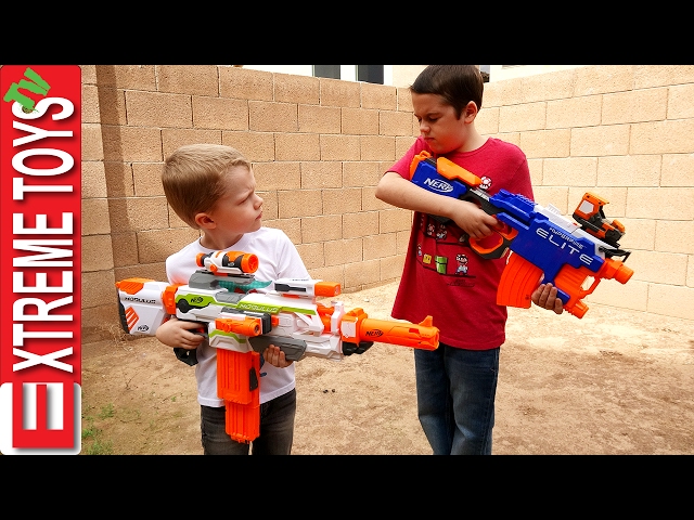 Nerf Blaster Madness! Ethan and Cole Nerf Modulus mess! class=