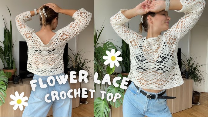 Crochet flower top tutorial, crochet floral lace stitch, crochet lace top