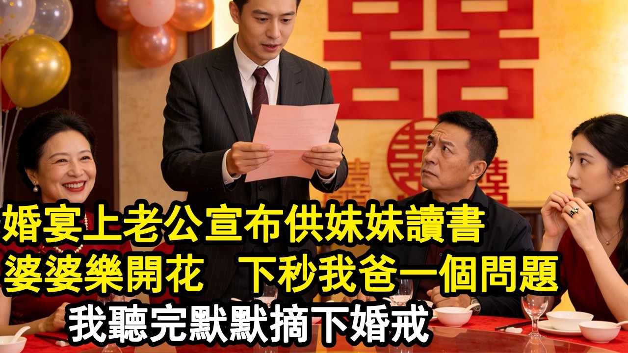 婚宴上老公宣佈供妹妹讀書，婆婆樂開花。我爸只問：“你月薪多少？你妹學費多少？”我聽完，默默摘下了婚戒#家庭故事 #生活經驗 #為人處世