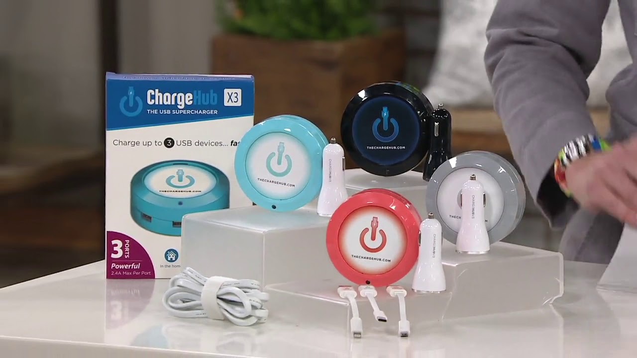 ChargeHub 3USB Port Charging Station w/ Car Charger & Cable on QVC
