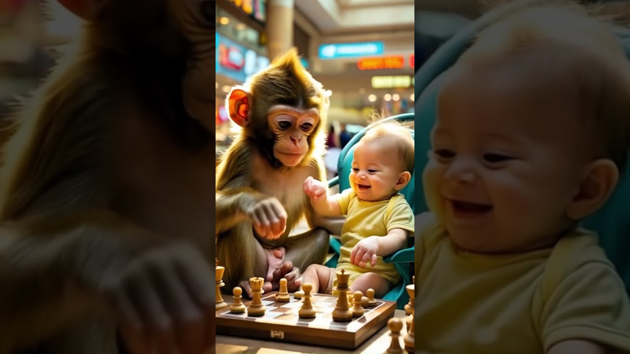 Baby playing chess with monkey at the mall 