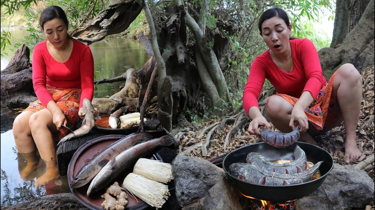 Cooking two fish with Mushroom in wild very delicious - YouTube
