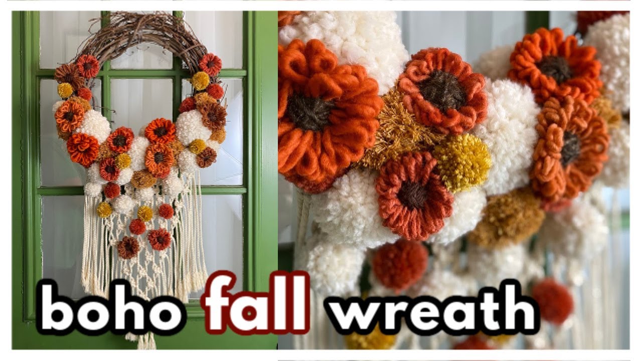 Boho Fall Wreath | DIY Macrame Wreath with Yarn Flowers & Pom Poms