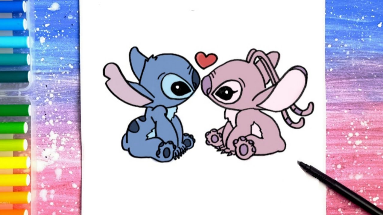 How to draw Stitch and Angel step by step 