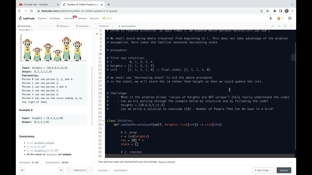 Leetcode 1944. Number of Visible People in a Queue - monotonic stack ...