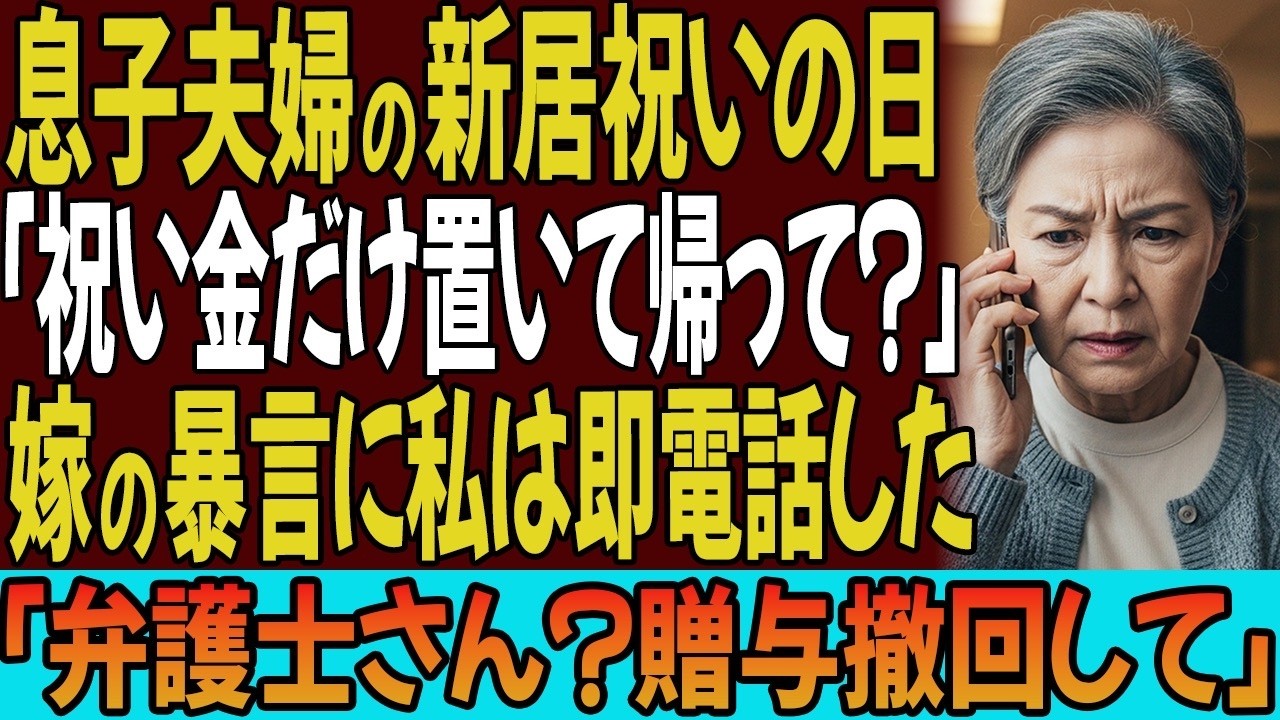 息子夫婦の新居祝いの日「100万祝い金だけ置いて帰って？」息子嫁の暴言に私は即電話した「弁護士さん？贈与撤回して」