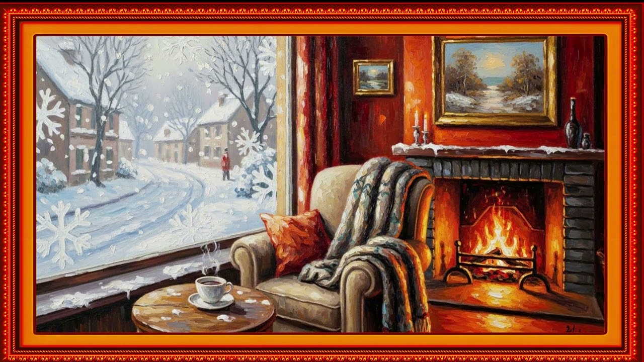 European Winter Cottage Oil Painting | Cozy Fireplace Gold Frame TV Art | 1 Scene - 2 Hrs