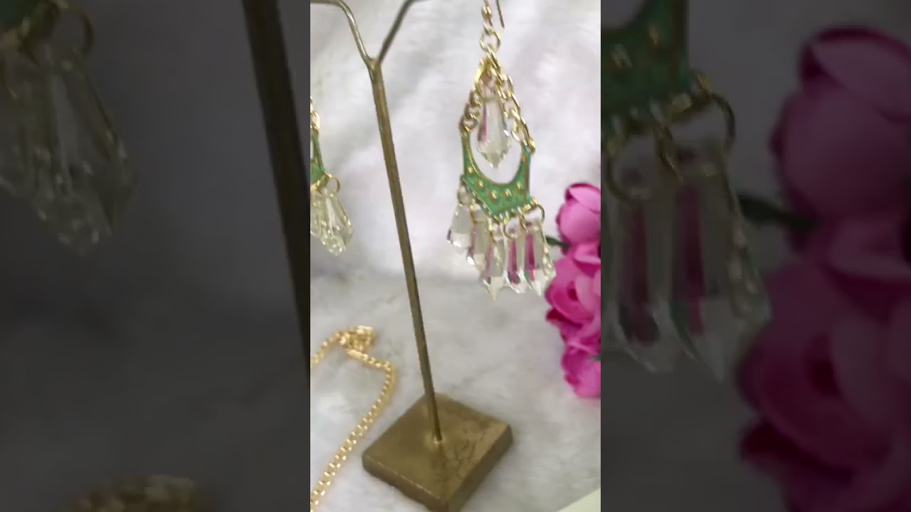Swarovski Glass Crystal with  chained Brass Teal Metal Earrings