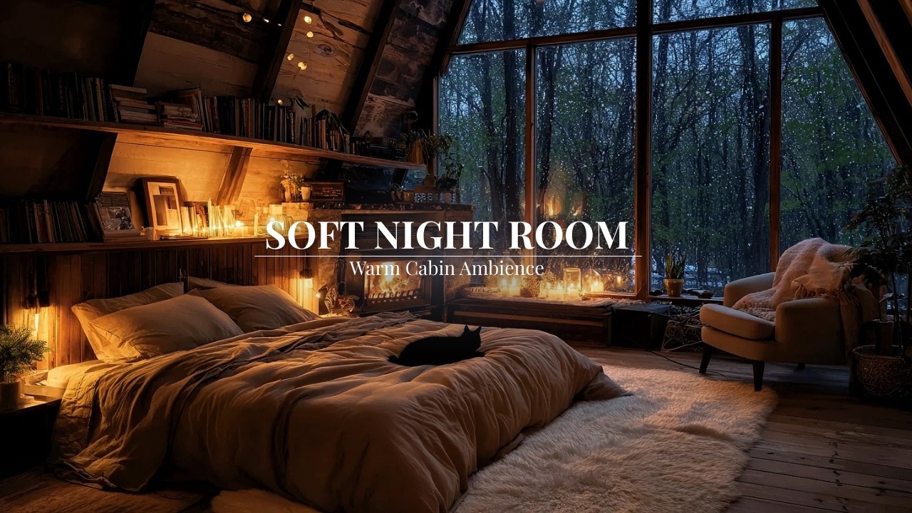 Warm Fireplace Cabin & Soft Ambient Music | Deep Sleep & Relax | Soft Night Room