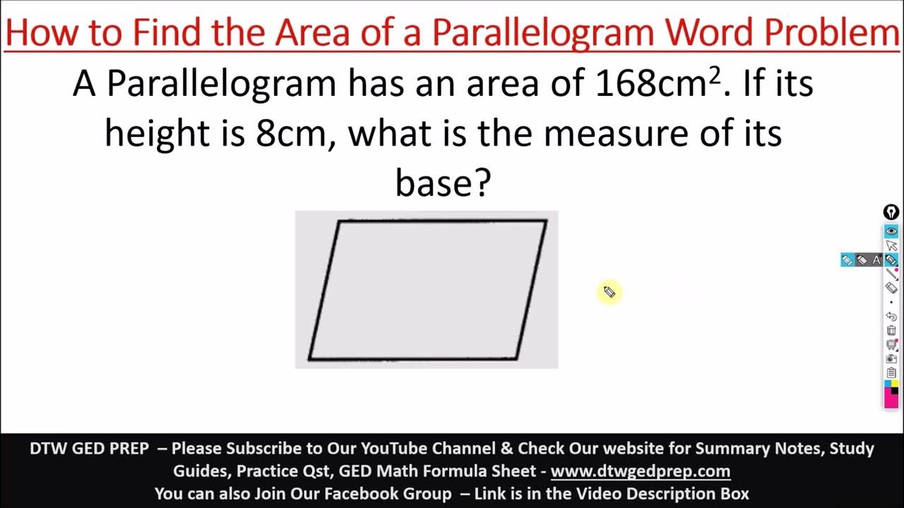 Area of a Parallelogram Word Problem GED Math Test Crash Course YouTube