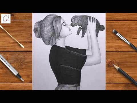 How to Draw a Cute Girl with Playing Her Dog easy | Girl Drawing | Pencil Sketch | The Crazy Sketch