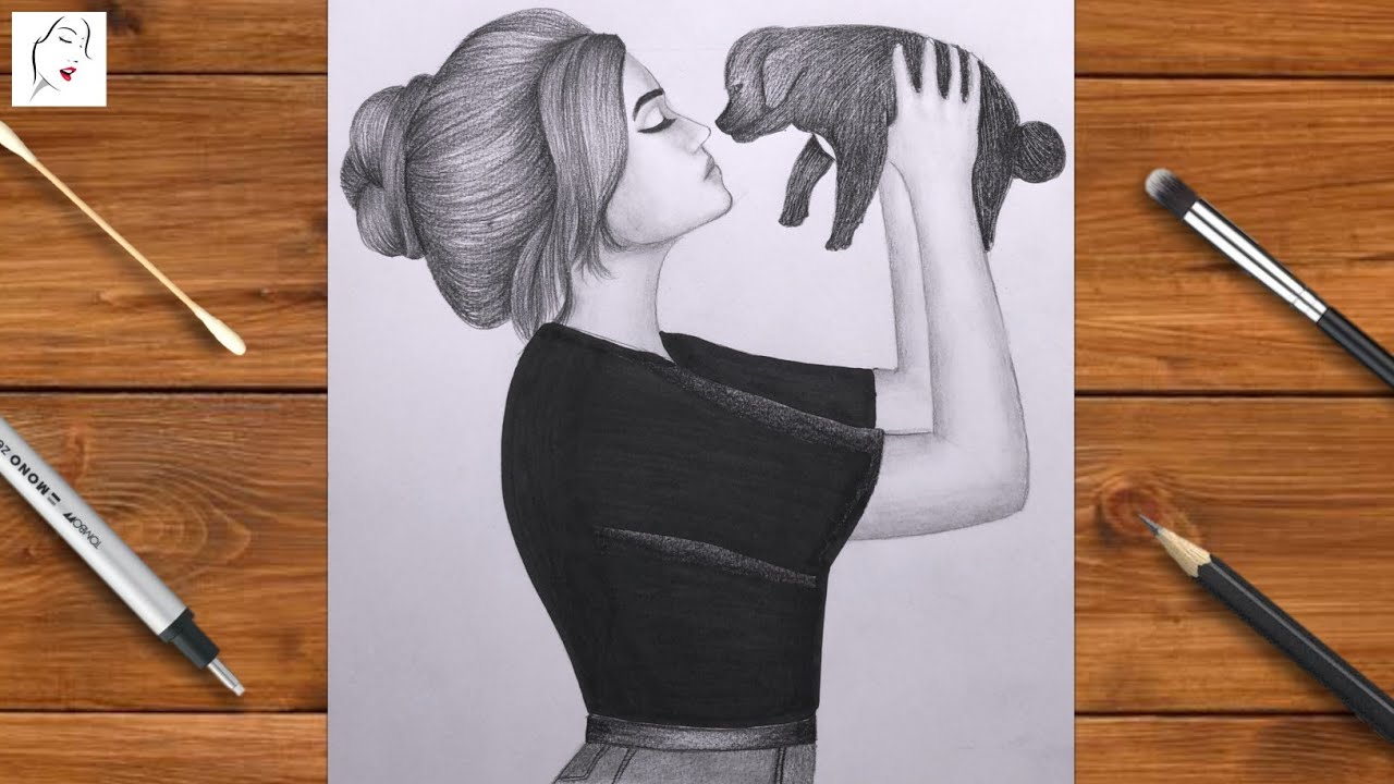 How to Draw a Cute Girl with Playing Her Dog easy | Girl Drawing ...