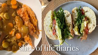 slice of life diaries. what i eat in a week home alone, katsu curry udon and veggie sandwich recipes