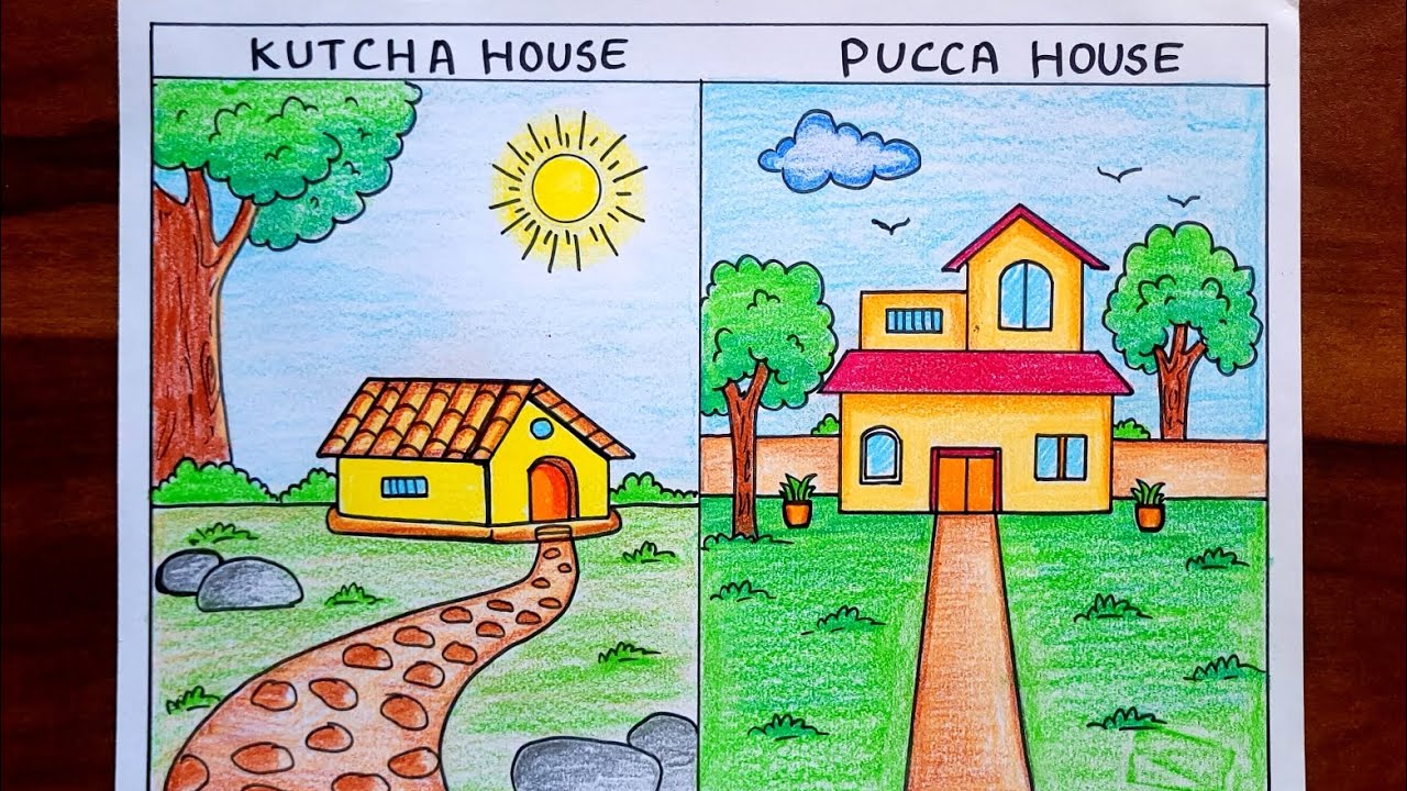 How to draw kutcha house and pucca house