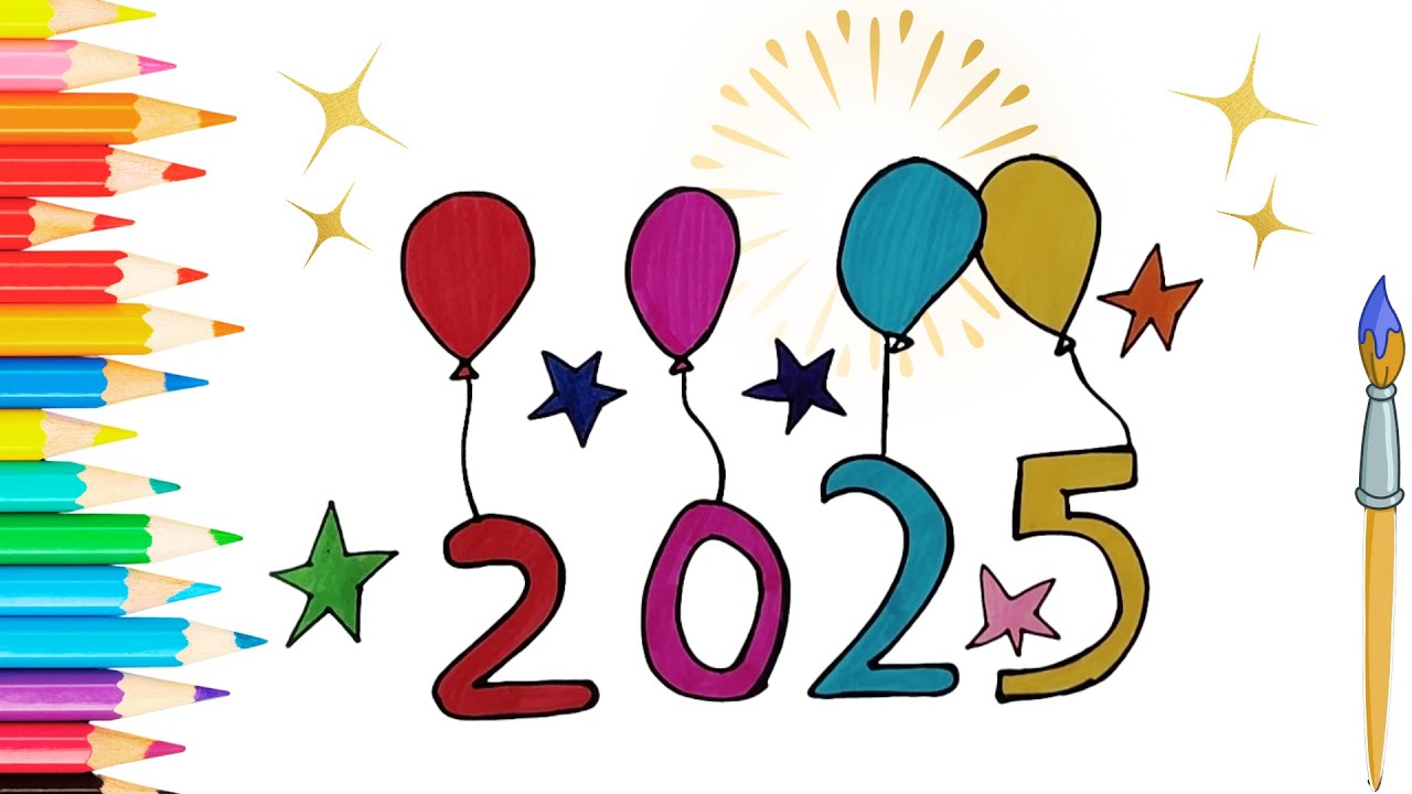 Happy New Year 2025 Balloons Drawing | How to Draw Happy New Year 2025 ...