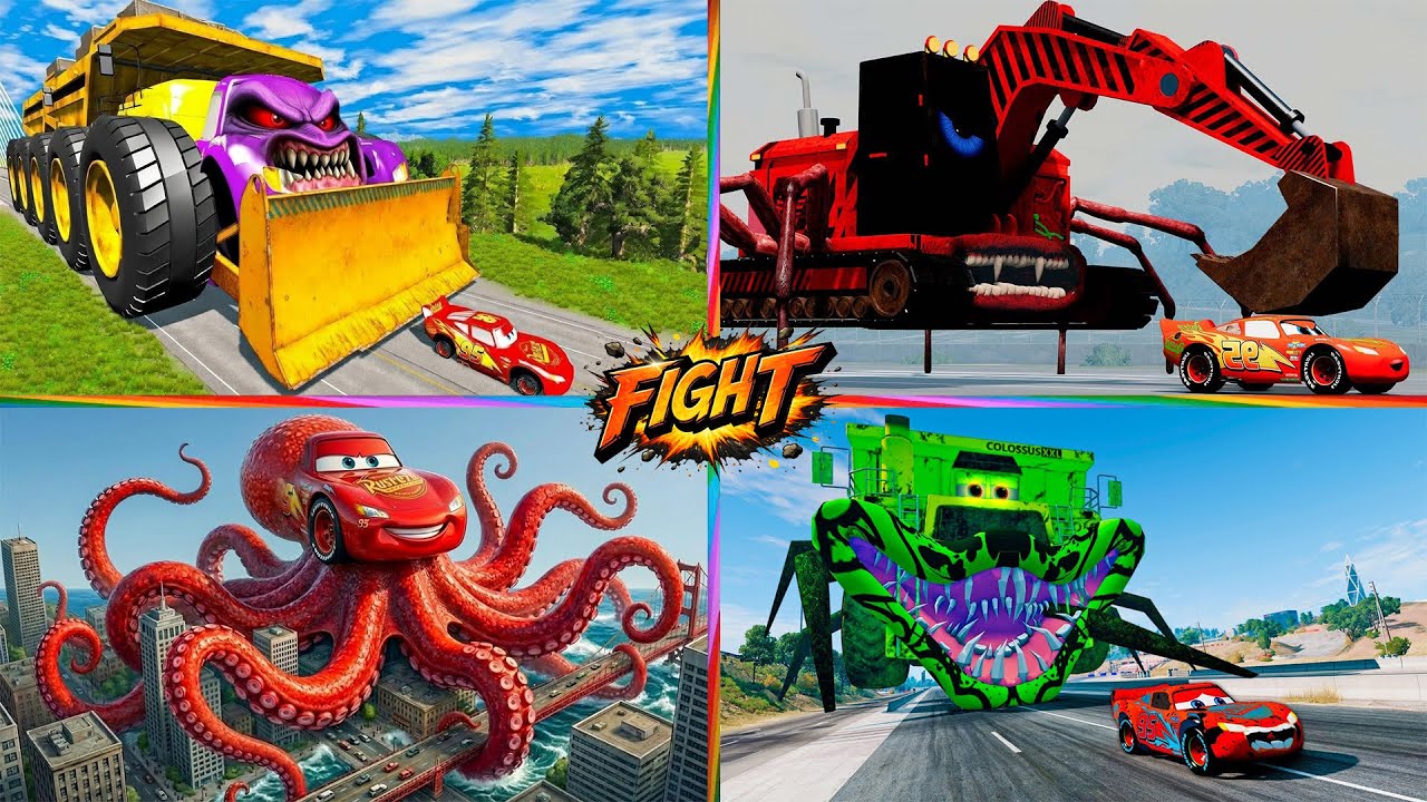 McQueen vs Giant Mutants 🏎Tiles Hop EDM Rush! 👹 MCQUEEN BUS MONSTER 🆚 Police Car 🆚 Dump Truck 🚜