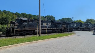A train of empty ethanol tank cars (NS 65D) rolls westward in Raleigh, NC (2023-09-03)
