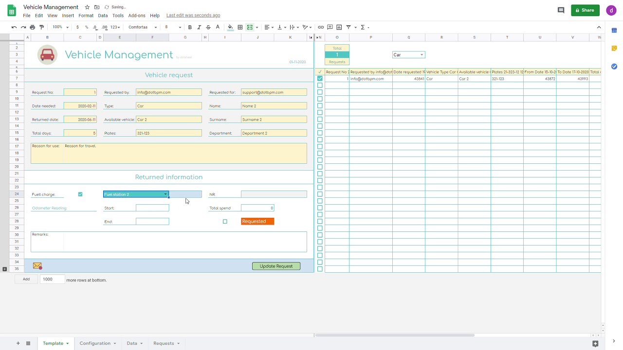 Google sheets Vehicle management template update requests - YouTube