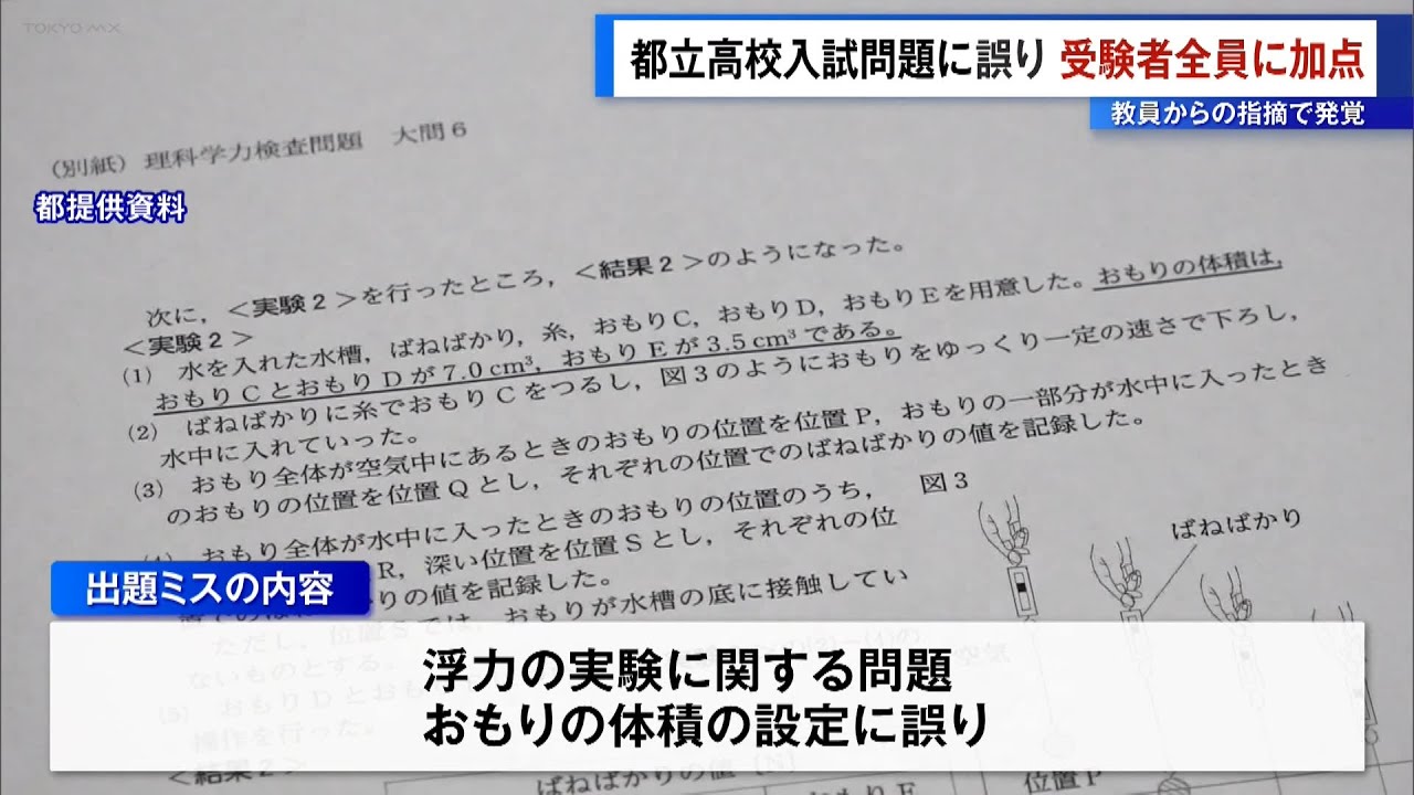 都立高校の理科入試問題に誤り、受験者全員に加点 教員からの指摘で