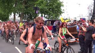 Completely naked cyclists at London World Naked Bike Ride 2018