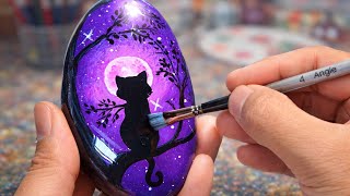 Stone painting/kitten under the moon 🌙🐱 | Relaxing art for beginners