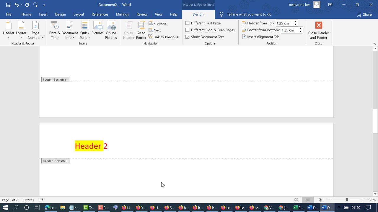 how to add header only on first page in word