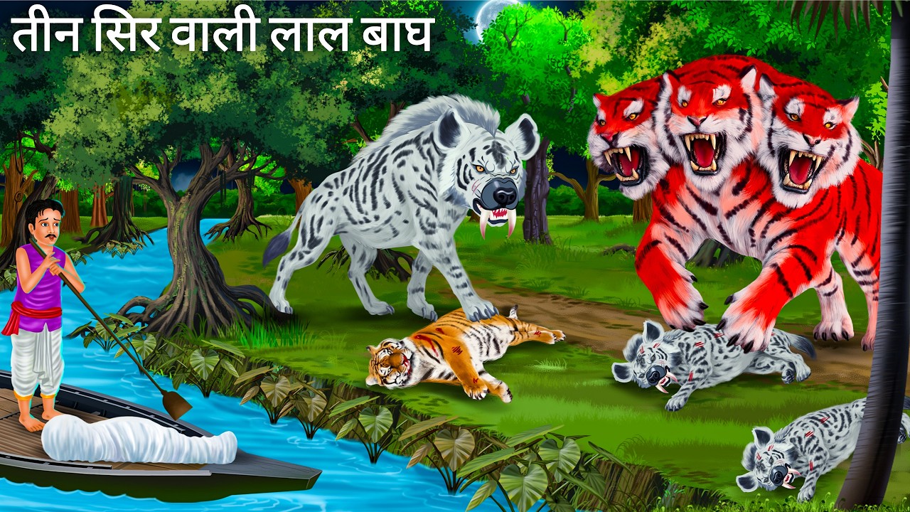 3 सिर वाले लाल बाघ और सफेद हायना | RED TIGER Vs HYENA | Horror Stories | Tiger Cartoon | Moral Story