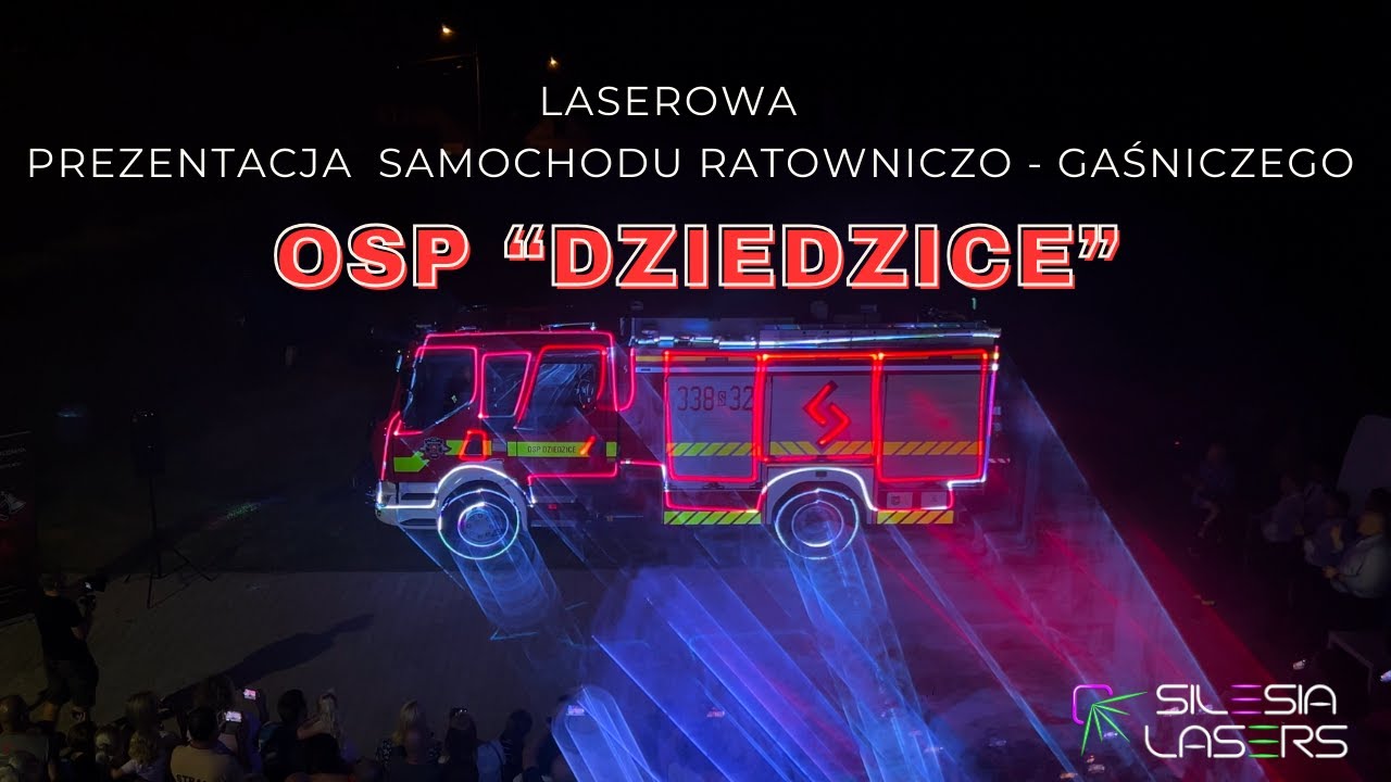 Laserowy mapping wozu strażackiego dla OSP DZIEDZICE 2023 - pokaz laserowy
