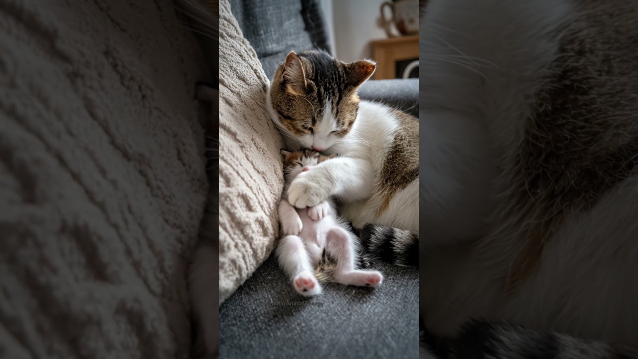 Mom Cat Rubs Her Baby Kitten’s Chubby Belly… Cutest Moment Ever