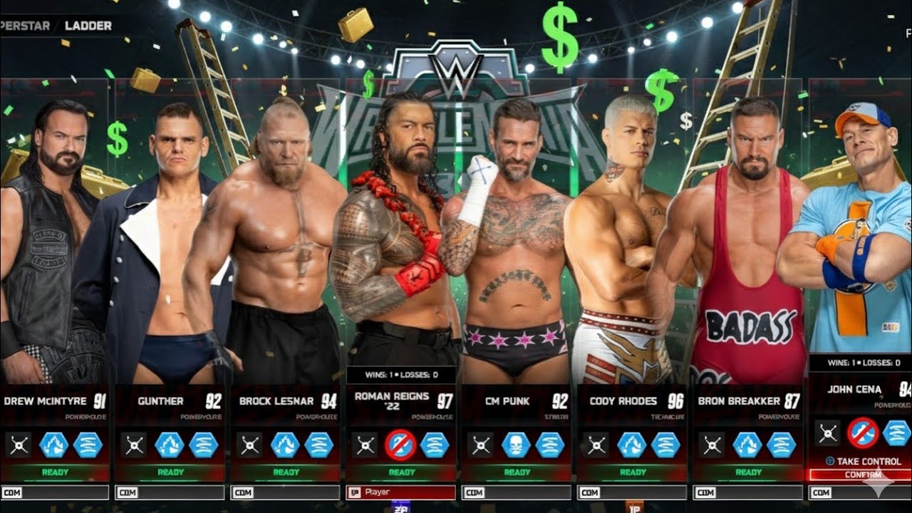 OTC1 Roman Reigns, Gunther, Brock, Drew, Punk, Cody, Cena, Bron Breakker Money In The Bank WWE 2K25 