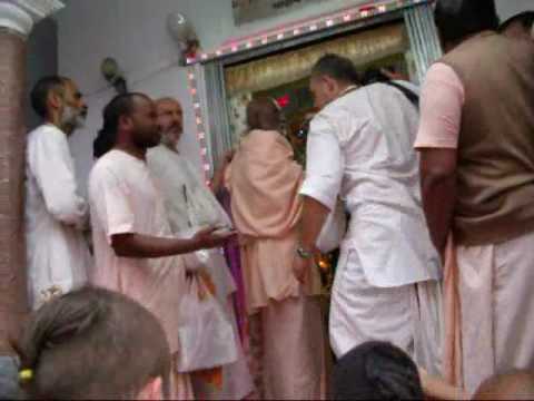 Srila Gurudeva, Bhaktivedanta Narayan Gosvami Maharaj performing Aroti to our Param Gurudeva, Sri Srimad Bhakti Prajnana Kesava Gosvami Maharaj during Gaur P...