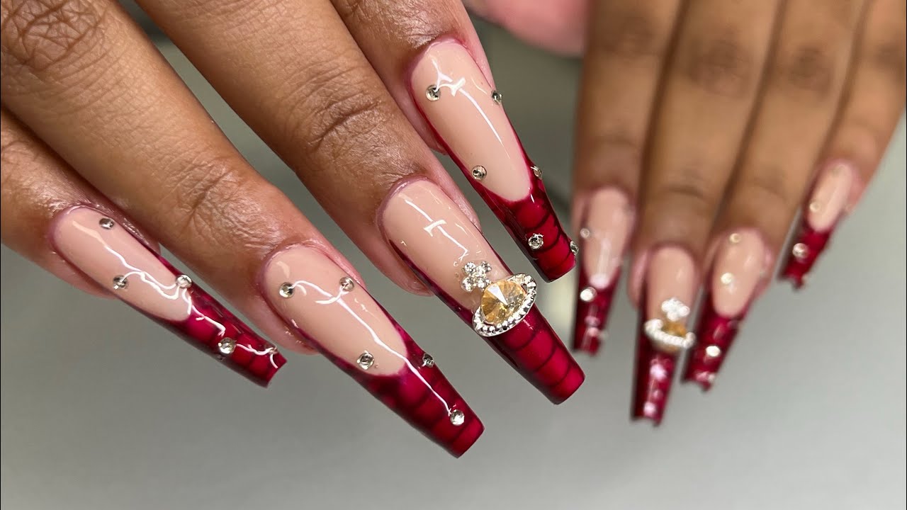 Red Croc Nails, charms & gems, Gel- X Nails