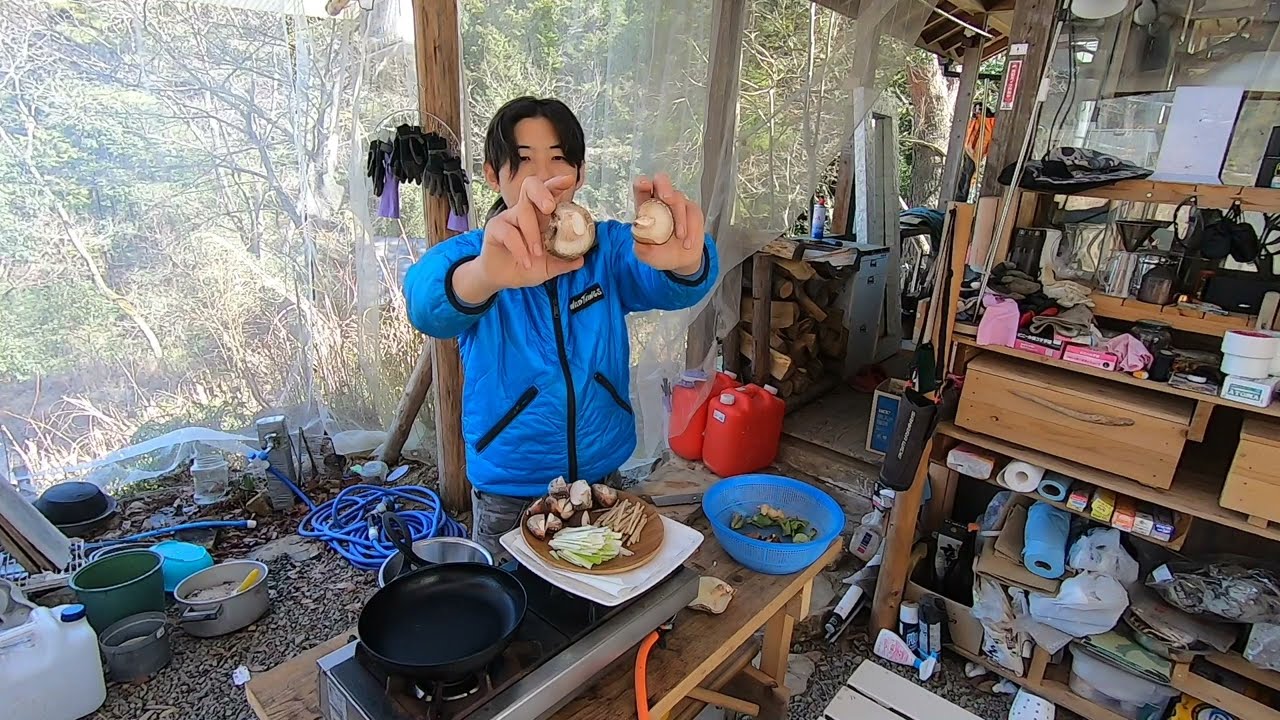 ふきのとうを採って、自家栽培の原木椎茸しいたけと共に天ぷら作って食べる。