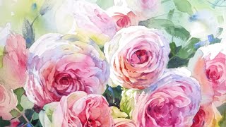 水彩】NO348《粉龙之光》四开水彩花卉，大四开61X46粉龙玫瑰- YouTube