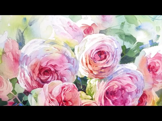 水彩】NO348《粉龙之光》四开水彩花卉，大四开61X46粉龙玫瑰- YouTube