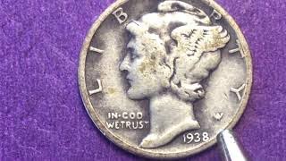 1938 US MERCURY DIME - United States Silver 10 Cents Coin - 22 Million Made- Not Rare Winged Mercury