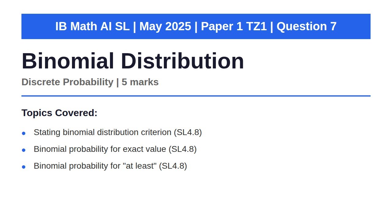 Binomial Distribution | IB Math AI SL | May 2025 Paper 1 TZ1 Q7 - YouTube