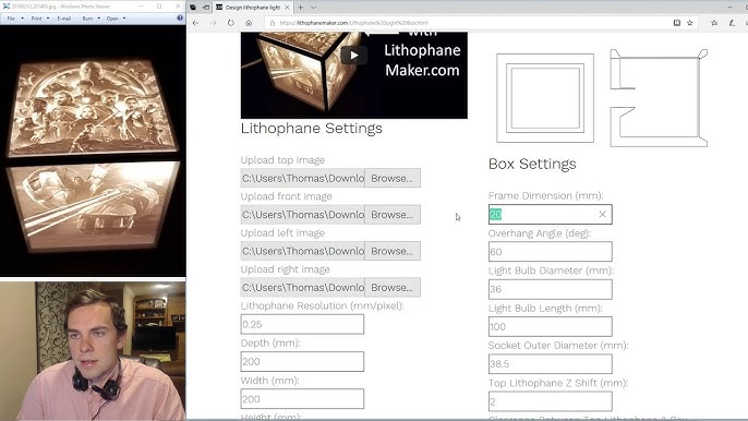 web interface of a lithophane generator tool showing photo upload and settings